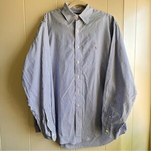 Ralph Lauren Mens Yarmouth Button‎ Down Shirt L Blue White Stripe Brown Pony